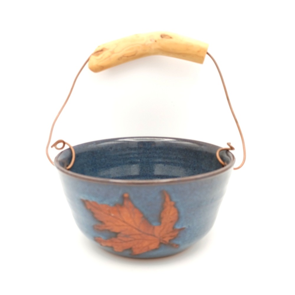 Studio Art Pottery Maple Leaf Blue Bowl w/ Wire and Wood  Swing Handle Farmhouse
